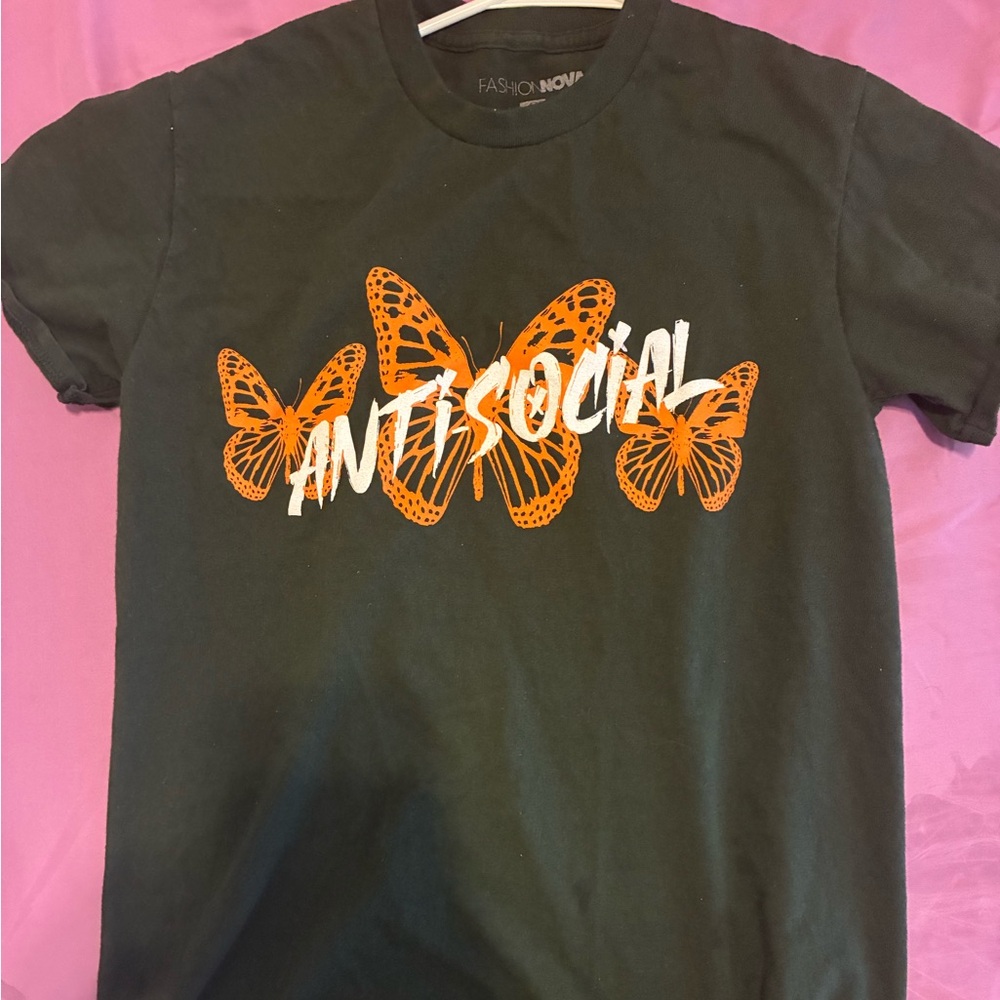 Fashion Nova Black Tee with Vibrant Orange Butterflies